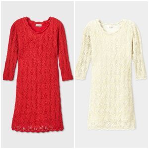 Cat & Jack Girls Bundle Red Crochet Knit Lined Sweater Dress 3/4 Sleeve XS 4/5